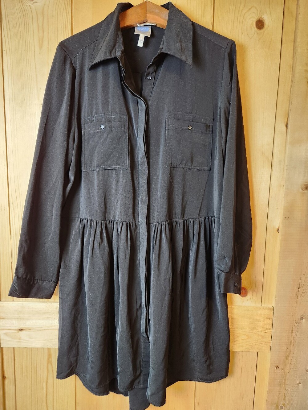 DG2 by Diane Gilman Black Pleated Waist Collar Long Sleeve baby Doll Shirt Dress